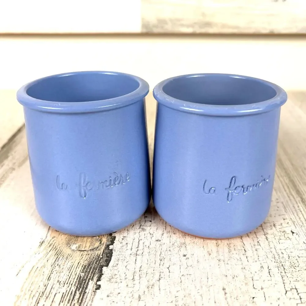 La Fermière Cermer Set of 2 Blue Terra Cotta Pottery Yogurt Pots NEW